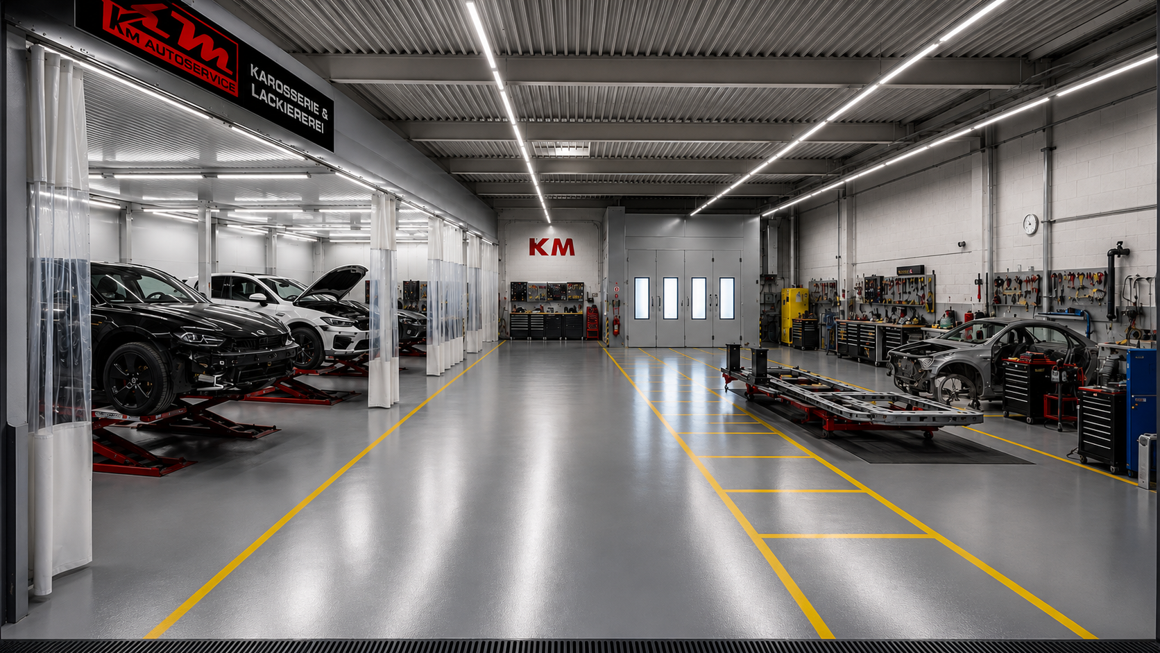 Werkstatthalle von KM Autoservice mit Lackierkabine